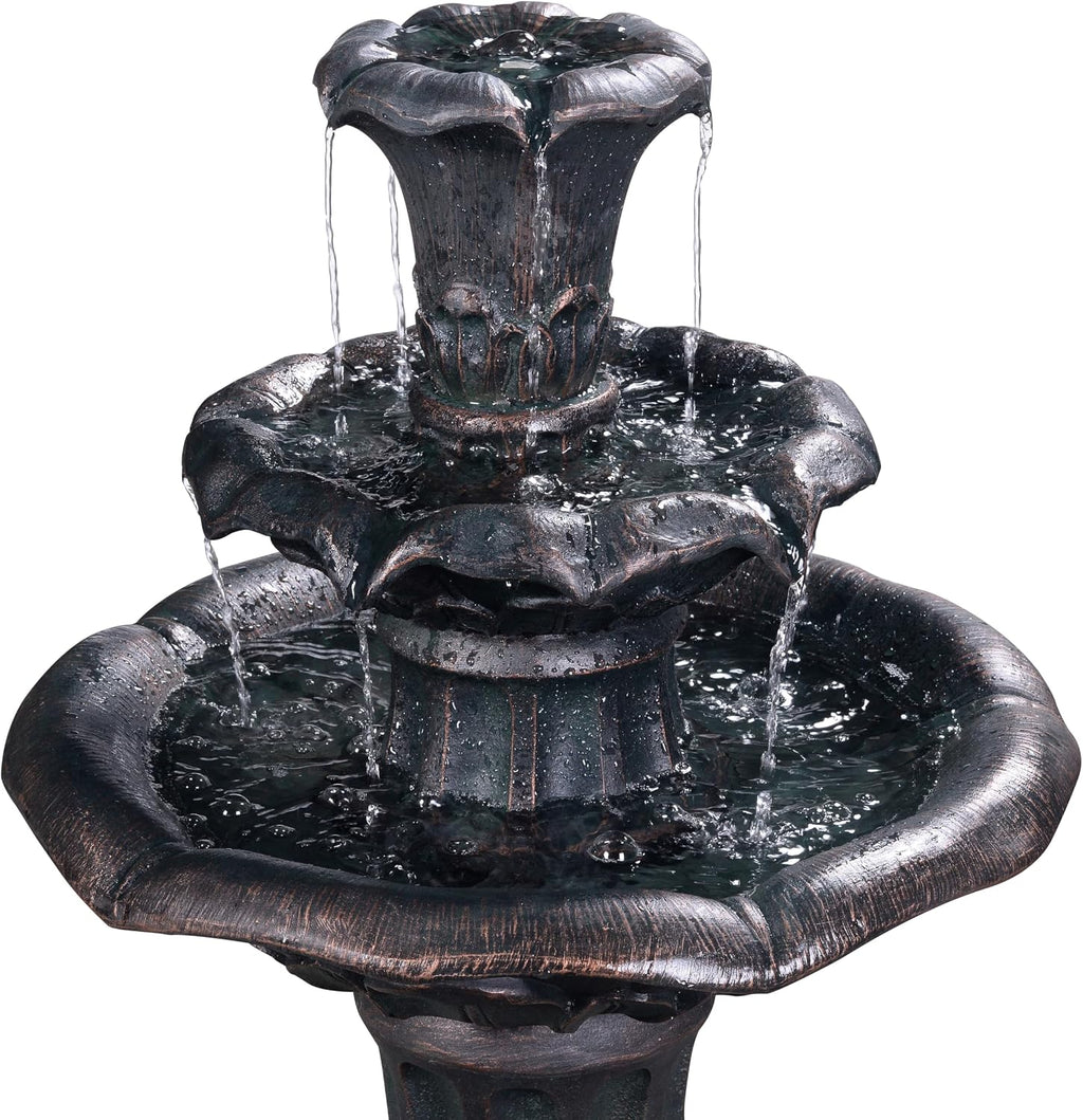Teamson Home Lily Flower Floor Pedestal 3 Tiered Floor Waterfall Fountain with Pump for Outdoor Patio Garden Backyard Decking, 38 Inch Height, Bronze