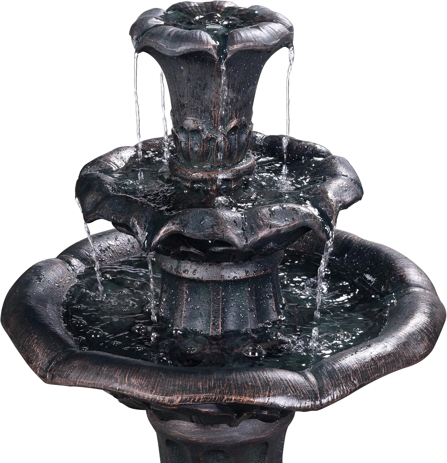 Teamson Home Lily Flower Floor Pedestal 3 Tiered Floor Waterfall Fountain with Pump for Outdoor Patio Garden Backyard Decking, 38 Inch Height, Bronze