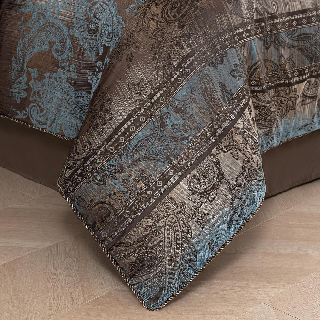 Loom and Mill 9-Piece Queen Comforter Set, Vintage Paisley Jacquard Comforter Sets Queen Size, All Season Soft Bedding Sets with Euro Shams, Bedskirt, Filled Decorative Pillow(Dark Brown+Blue, Queen)