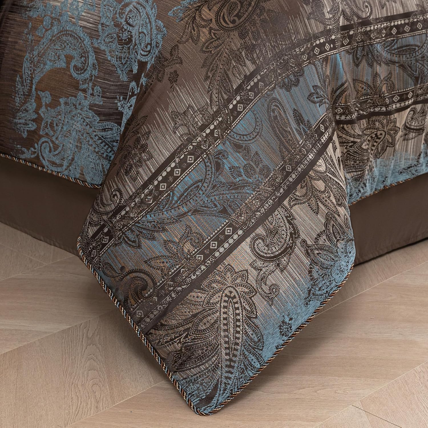 Loom and Mill 9-Piece Queen Comforter Set, Vintage Paisley Jacquard Comforter Sets Queen Size, All Season Soft Bedding Sets with Euro Shams, Bedskirt, Filled Decorative Pillow(Dark Brown+Blue, Queen)