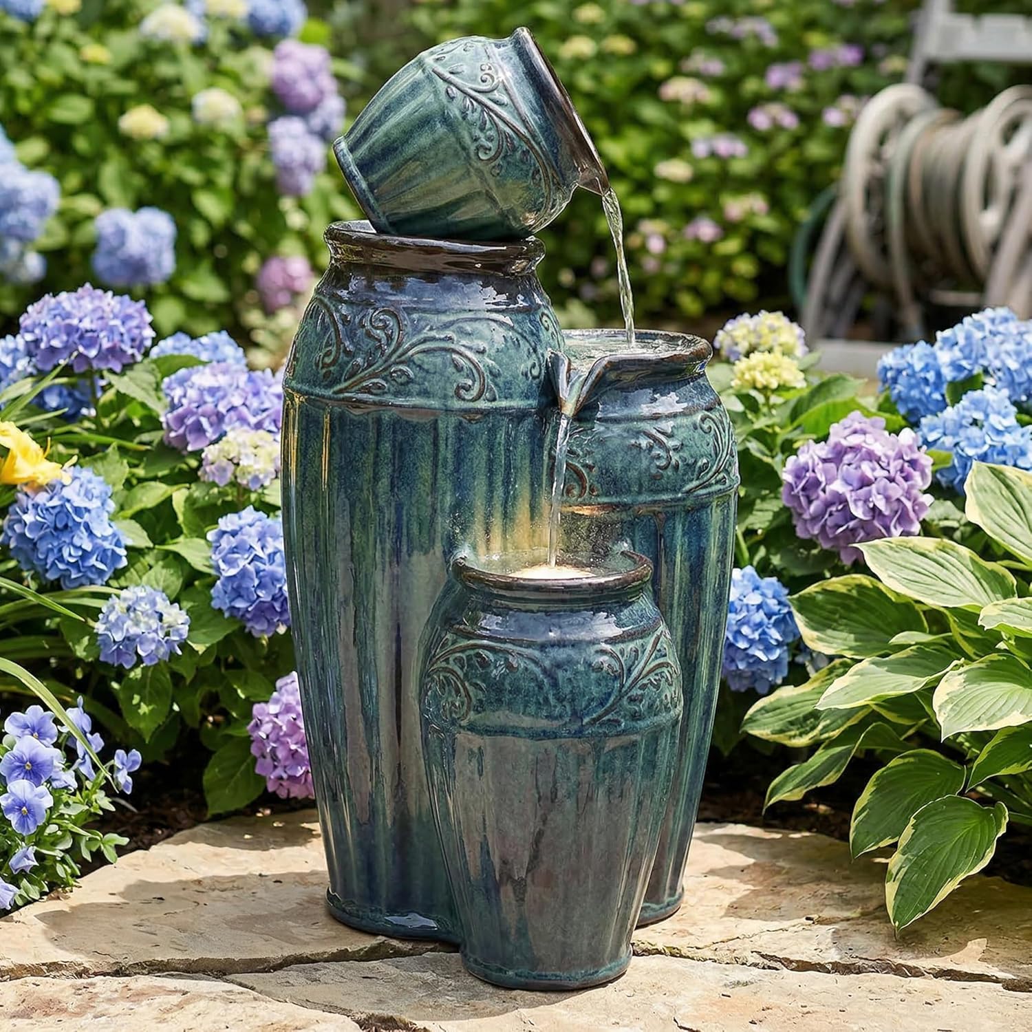 Sunnydaze Tour de Vase Ceramic 27-Inch Outdoor Water Fountain - LED Lights - Electric Submersible Pump with Adjustable Flow