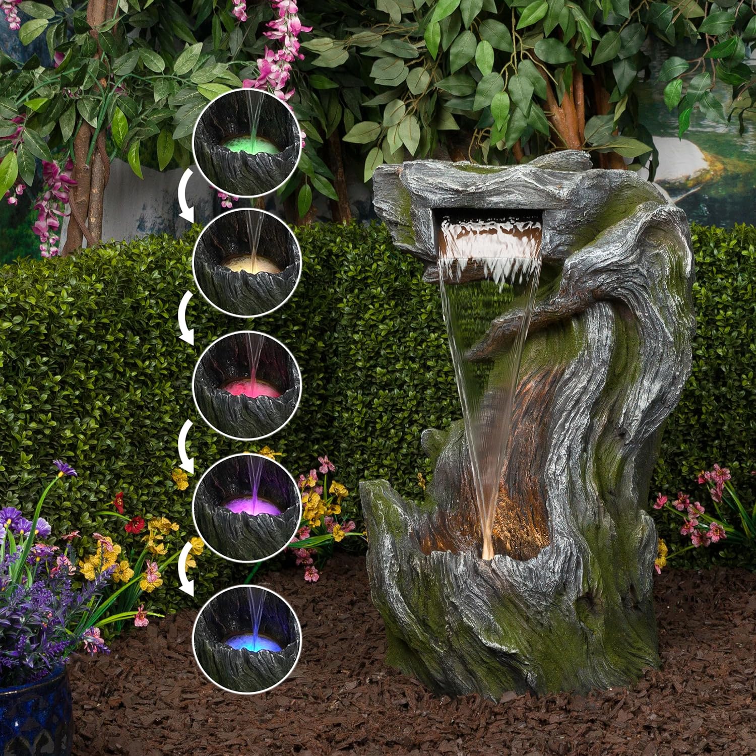 Alpine Corporation WIN1628 32' Outdoor Tree Bark Water Fountain with Color-Changing LED Lights, Cascading Waterfall Garden Fountain for Backyard, Patio & Outdoor Décor, Gray