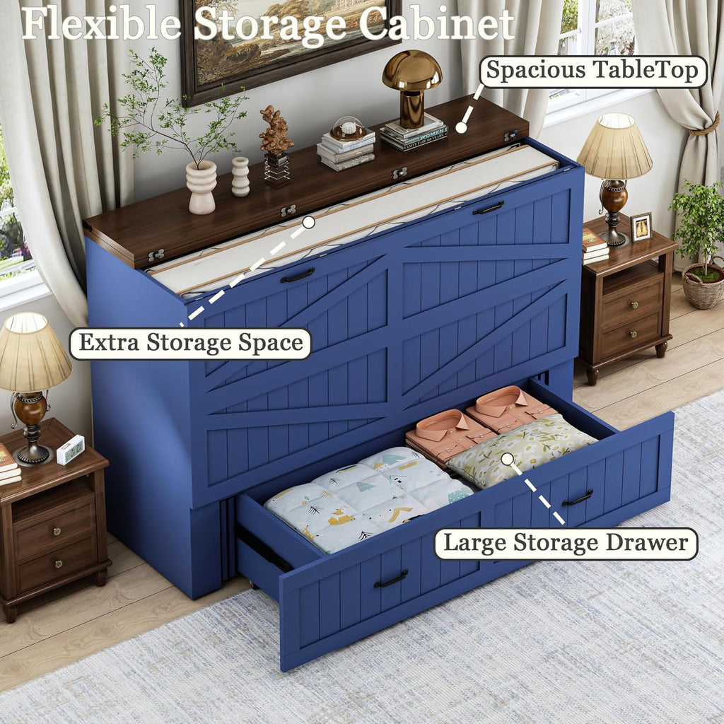 Queen Size Murphy Bed with Charging Station and Large Drawer, Farmhouse Cabinet Bed with Storage, Multifunctional Wood Hidden Folding Bed Frame for Bedroom, Blue
