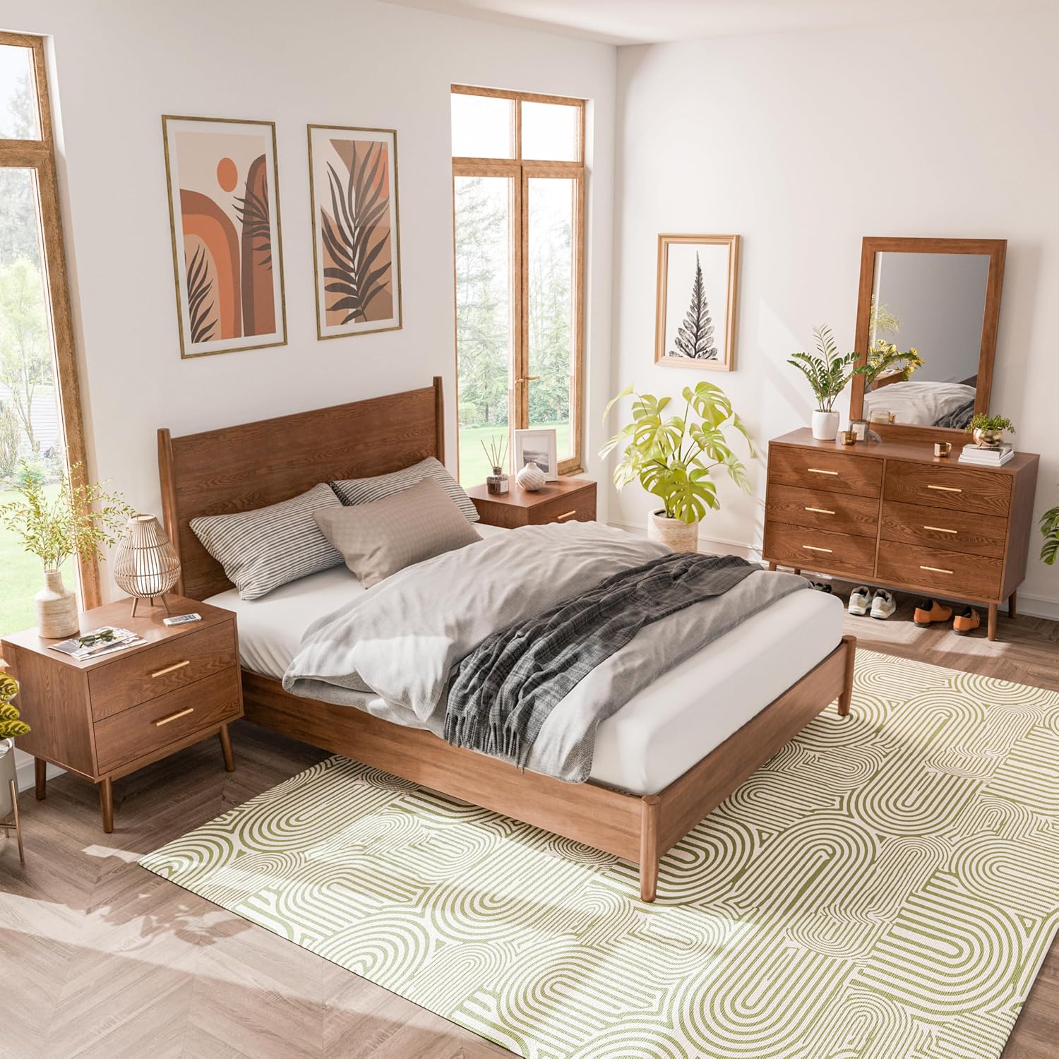 Furniture of America Wyatt Modern Solid Wood Bedroom Collection with Queen Bed Frame, Nightstands, Dresser with Mirror, No Box Spring Needed, Walnut, Standard Platform, 5-Piece Set