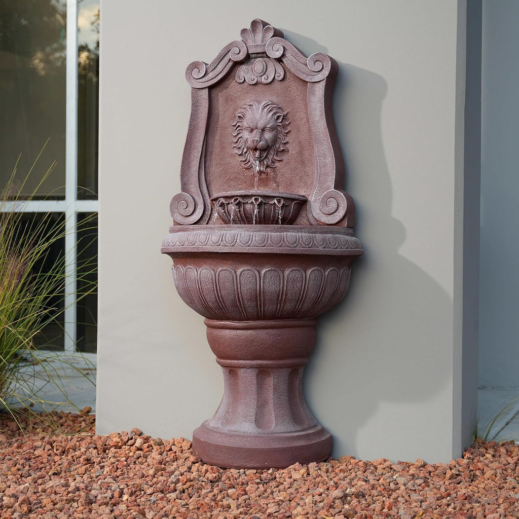 Xbrand 52.4' Sandstone Lion Head Floor Fountain, Two-Tier Outdoor Water Feature, Durable Resin Construction