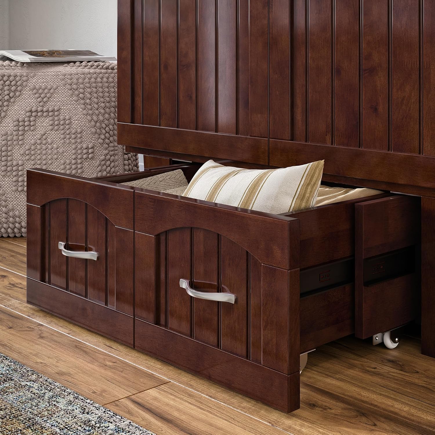 AFI, Nantucket Twin Murphy Bed Chest with Mattress, Storage Drawer, and Built-in USB Charger, Walnut