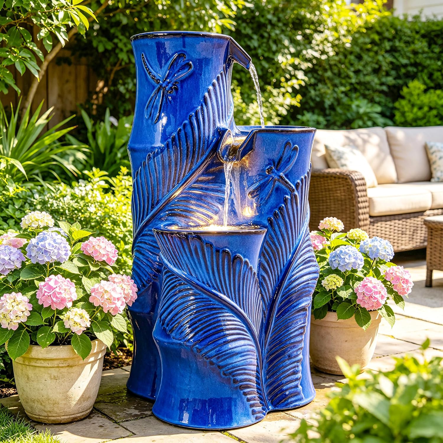 Ceramic Outdoor Water Fountain with LED Lights, 25.5' H 3-Tier Bamboo-Style Cascading Waterfall, Tropical Leaf & Dragonfly Textured Water Feature for Garden Patio Yard Relaxation Oasis