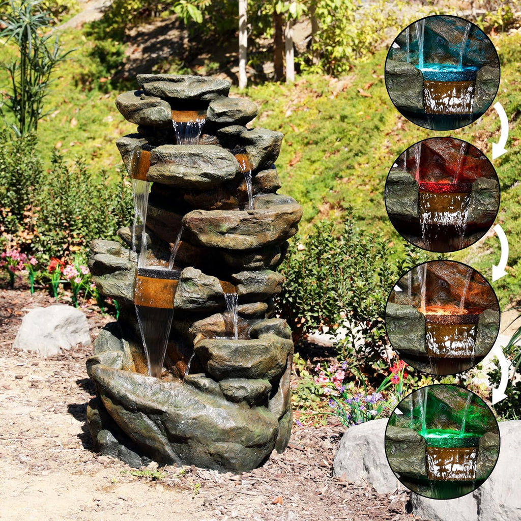 Alpine Corporation 51' Tall 6-Tier Outdoor Rainforest Waterfall Floor Fountain, Weather-Resistant Design with Color-Changing LED Lights & Remote Control, Gray