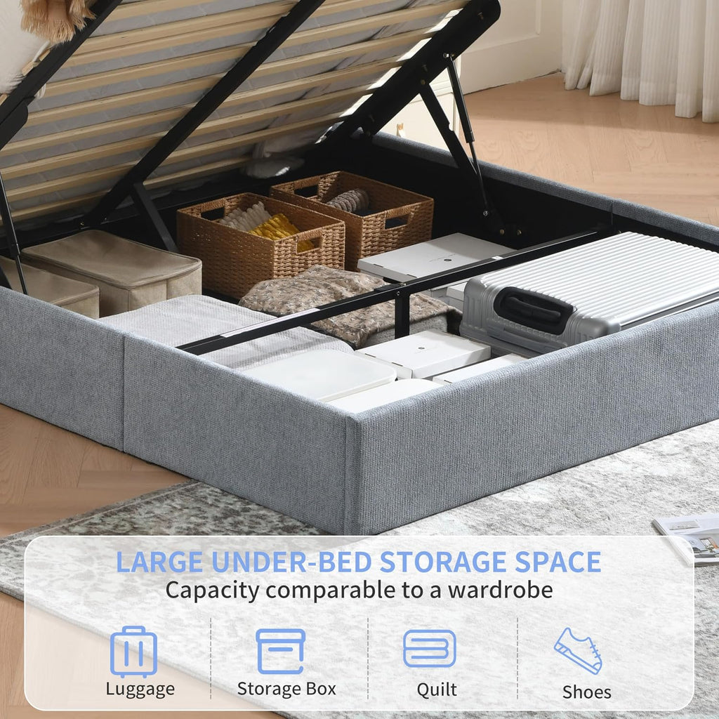 Lift Up Storage Bed Queen Size, Linen Upholstered Platform Bed with Hydraulic System & Wood Slats Support, Queen Bed Frame with 3-Panel Headboard, No Box Spring Needed, Easy Assembly, Baby Blue