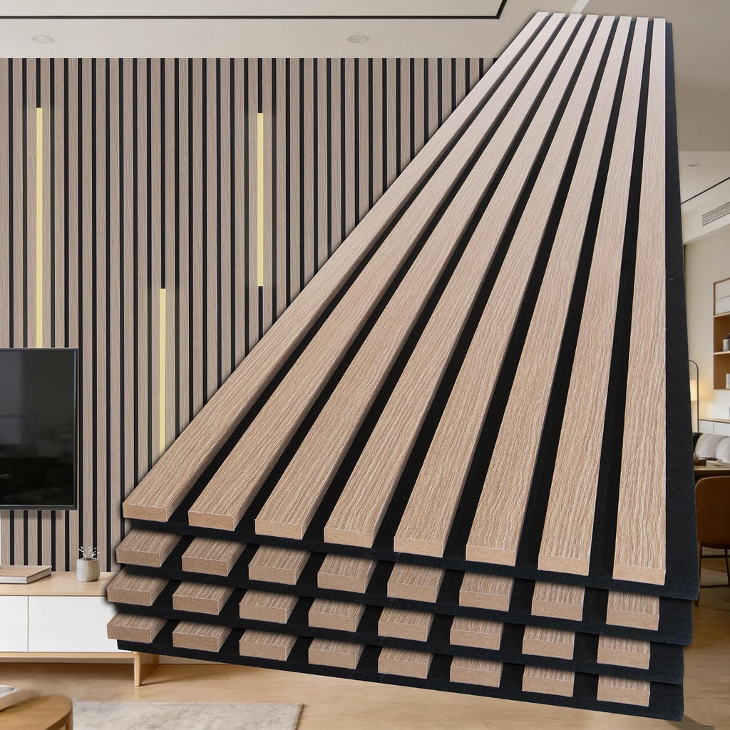 NeatiEase Wood Panels for Wall, 4-Piece 108' x 12.6' Soundproof Wood Slat Wall Panel for Interior Wall Decor Noise Cancelling, Acoustic Wall Panels, Sound Absorbing Panel (Rustic Oak)