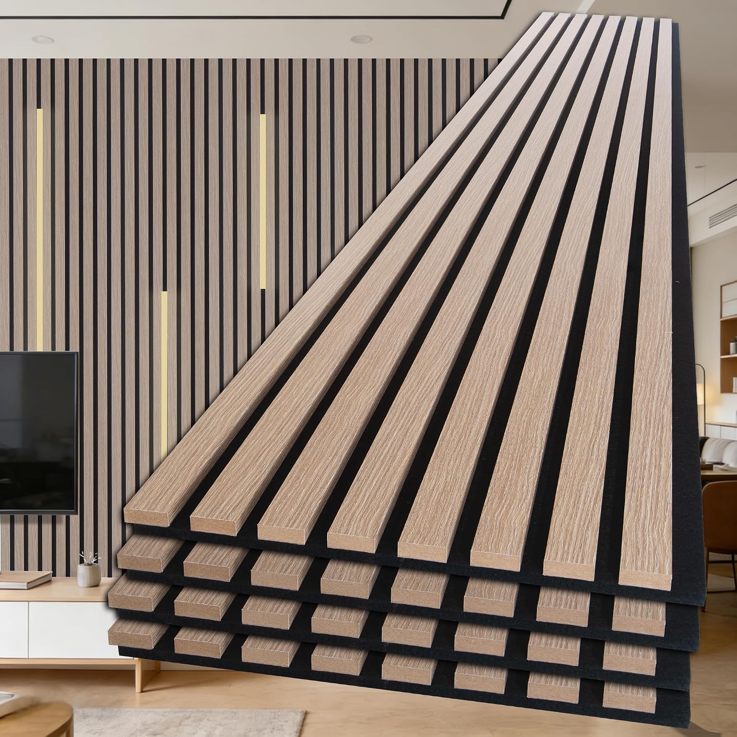 NeatiEase Wood Panels for Wall, 4-Piece 108' x 12.6' Soundproof Wood Slat Wall Panel for Interior Wall Decor Noise Cancelling, Acoustic Wall Panels, Sound Absorbing Panel (Rustic Oak)
