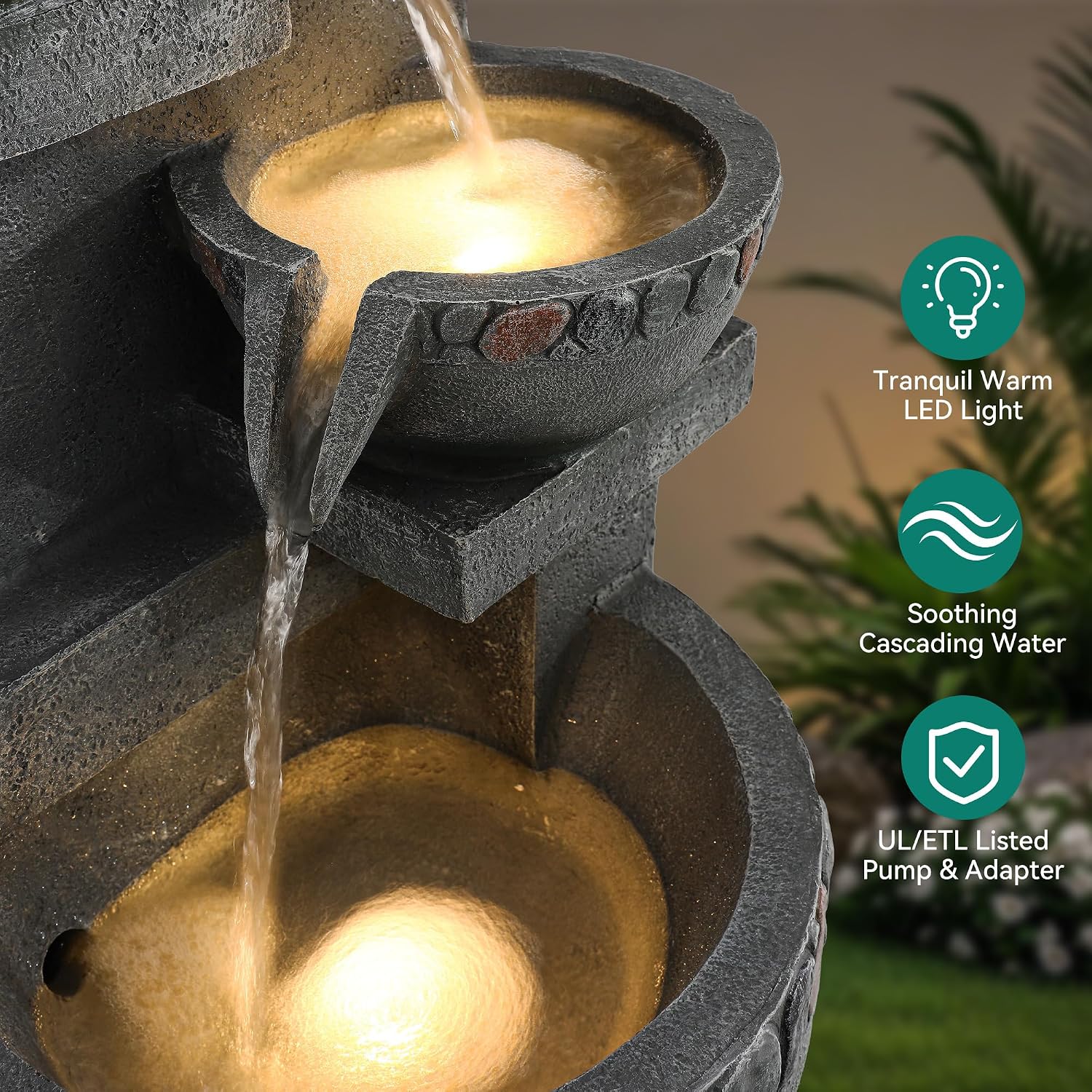 33' H 4-Tier Fountain Outdoor, Modern Resin Pebble Tabletop Water Feature Outdoor with LED Lights, Soothing Cascading Waterfall for Patio, Backyard, Garden or Porch
