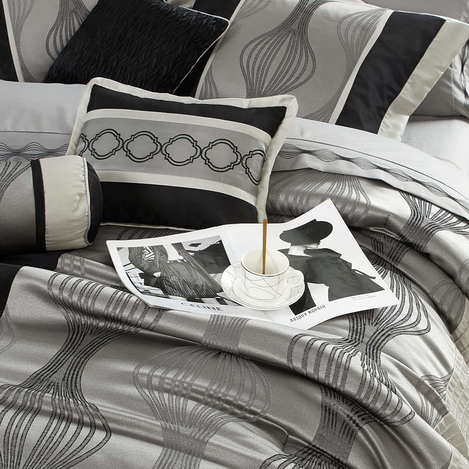 Stratford Park Black and Silver Comforter Set King Size, Elegant 7 Pieces Striped All Season Bedding Set
