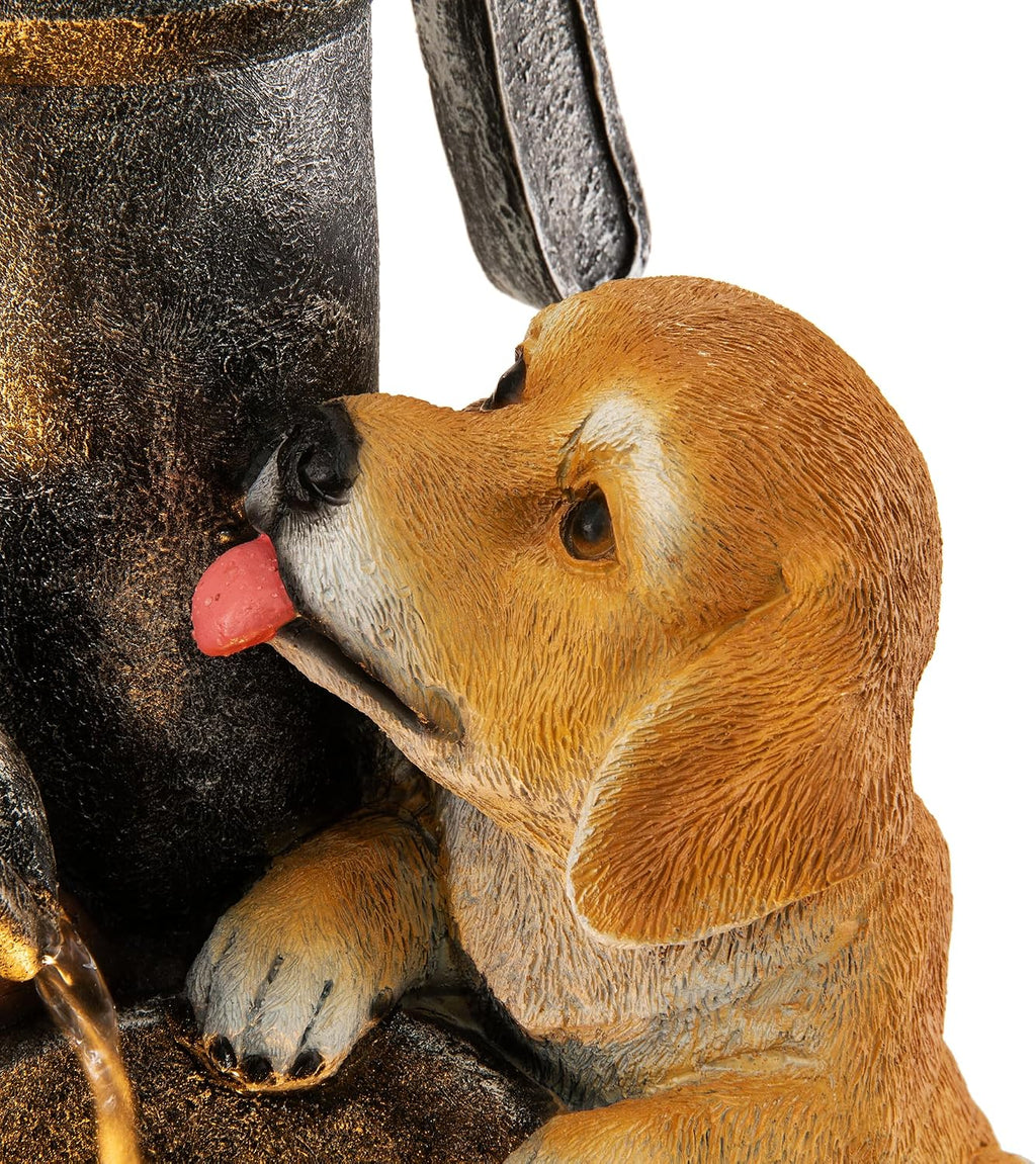Glitzhome Water Fountain Outdoor, Outdoor Fountain with Lights & Pump, 23.75' H Cute Dog Playing Around The Water Polyresin Cascading Waterfall Floor Standing Water Feature for Garden, Patio