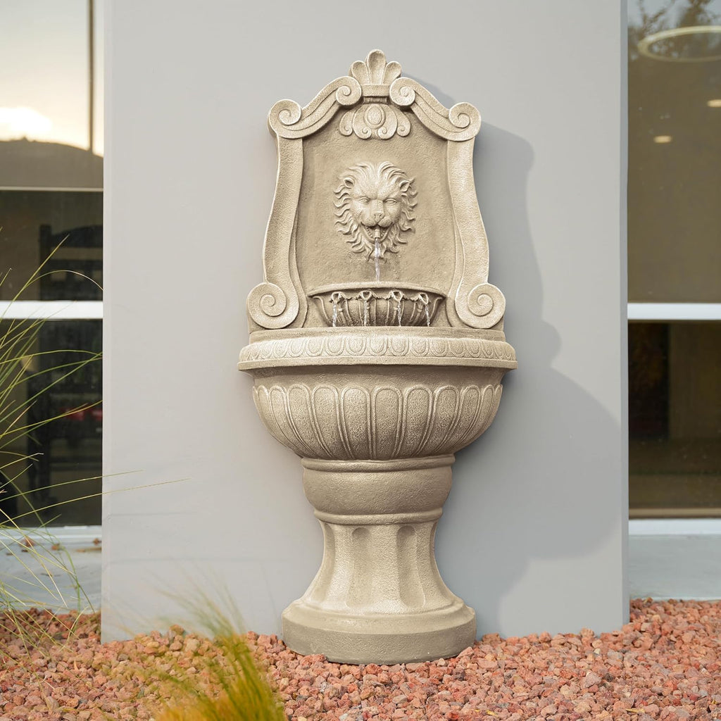 Xbrand 52.4' Sandstone Lion Head Floor Fountain, Two-Tier Outdoor Water Feature, Durable Resin Construction