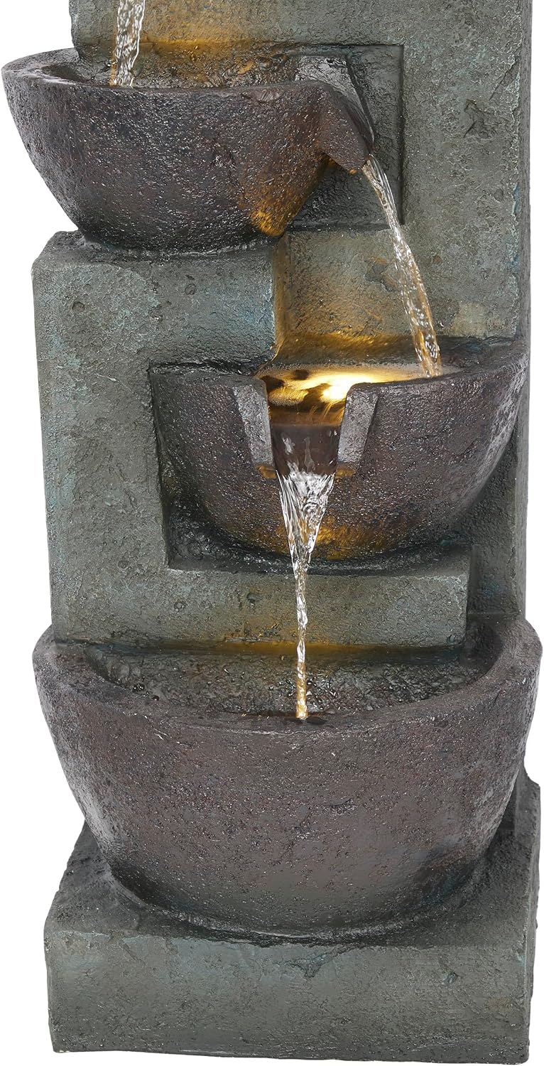 Alpine Corporation 39' Tall 5-Tier Bowls Waterfall Fountain with LED Lights, Elegant Outdoor Water Feature for Garden, Patio, Yard, Gray