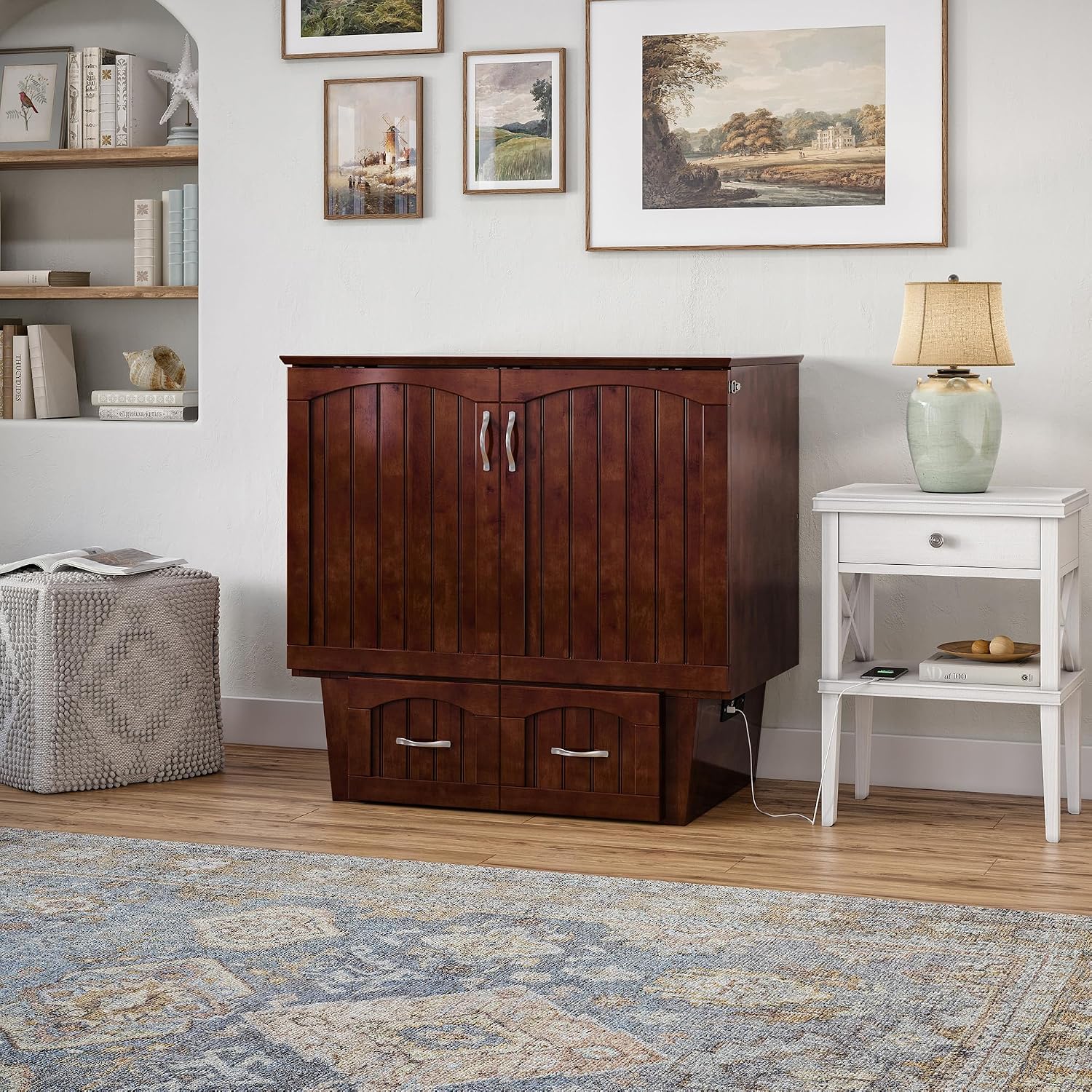 AFI, Nantucket Twin Murphy Bed Chest with Mattress, Storage Drawer, and Built-in USB Charger, Walnut