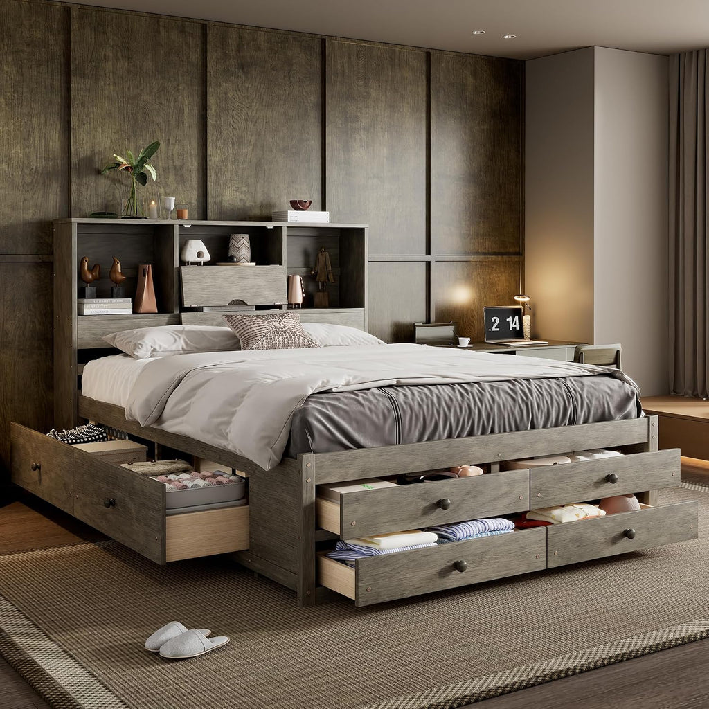 VilroCaz Wood Queen Size Platform Bed with Storage Headboard, Modern Platform Bed Captain's Bed Frame with 8 Drawers, Sturdy Slats Support, Maximize Space