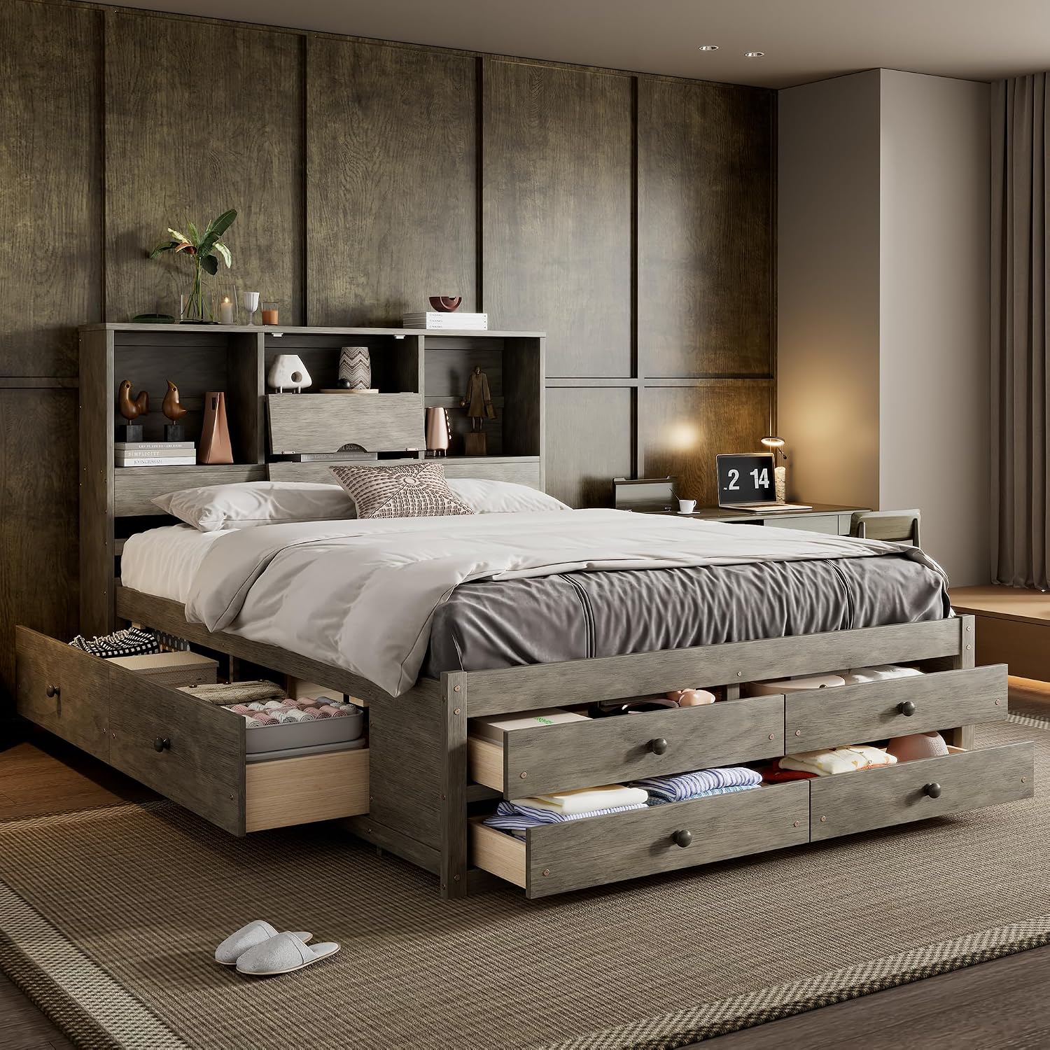 VilroCaz Wood Queen Size Platform Bed with Storage Headboard, Modern Platform Bed Captain's Bed Frame with 8 Drawers, Sturdy Slats Support, Maximize Space