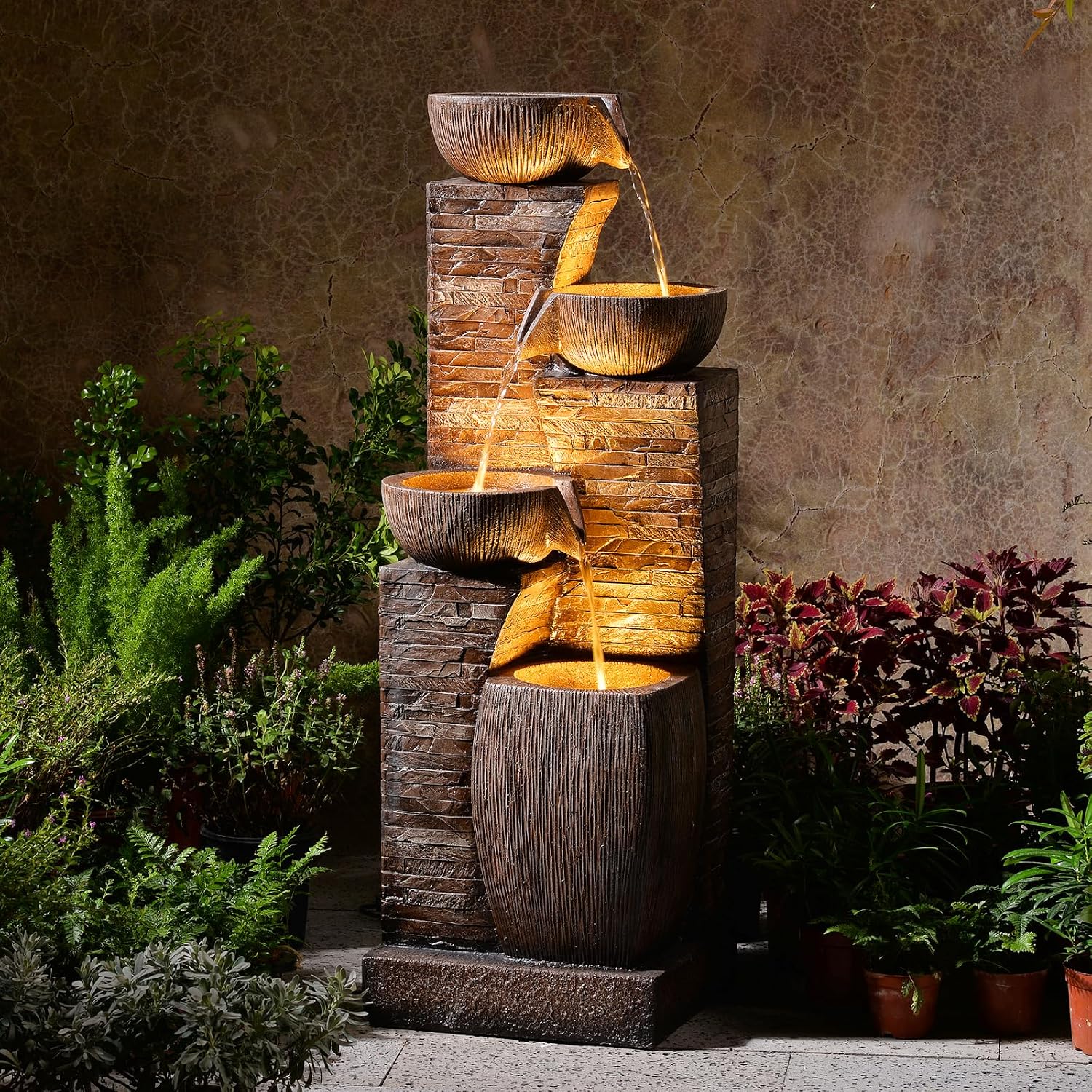 38.2' Tall Outdoor Water Fountain,Stone Texture Modern 4 Tiers Cascading Bowls Garden Fountains Outdoor,Suit for Patio, Deck, Porch, Lawns, Backyard and Home Art Decor