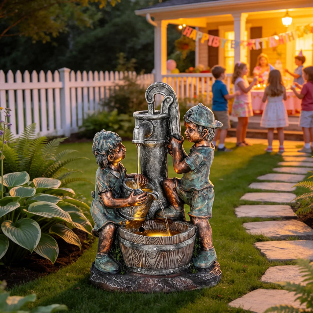 26' Outdoor Fountain, 3-Tier Boy-Girl Playing with Faucet Water Feature with LED Lights, Antique Resin Soothing Cascading Waterfall for Patio, Backyard, Garden or Porch