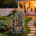 26' Outdoor Fountain, 3-Tier Boy-Girl Playing with Faucet Water Feature with LED Lights, Antique Resin Soothing Cascading Waterfall for Patio, Backyard, Garden or Porch