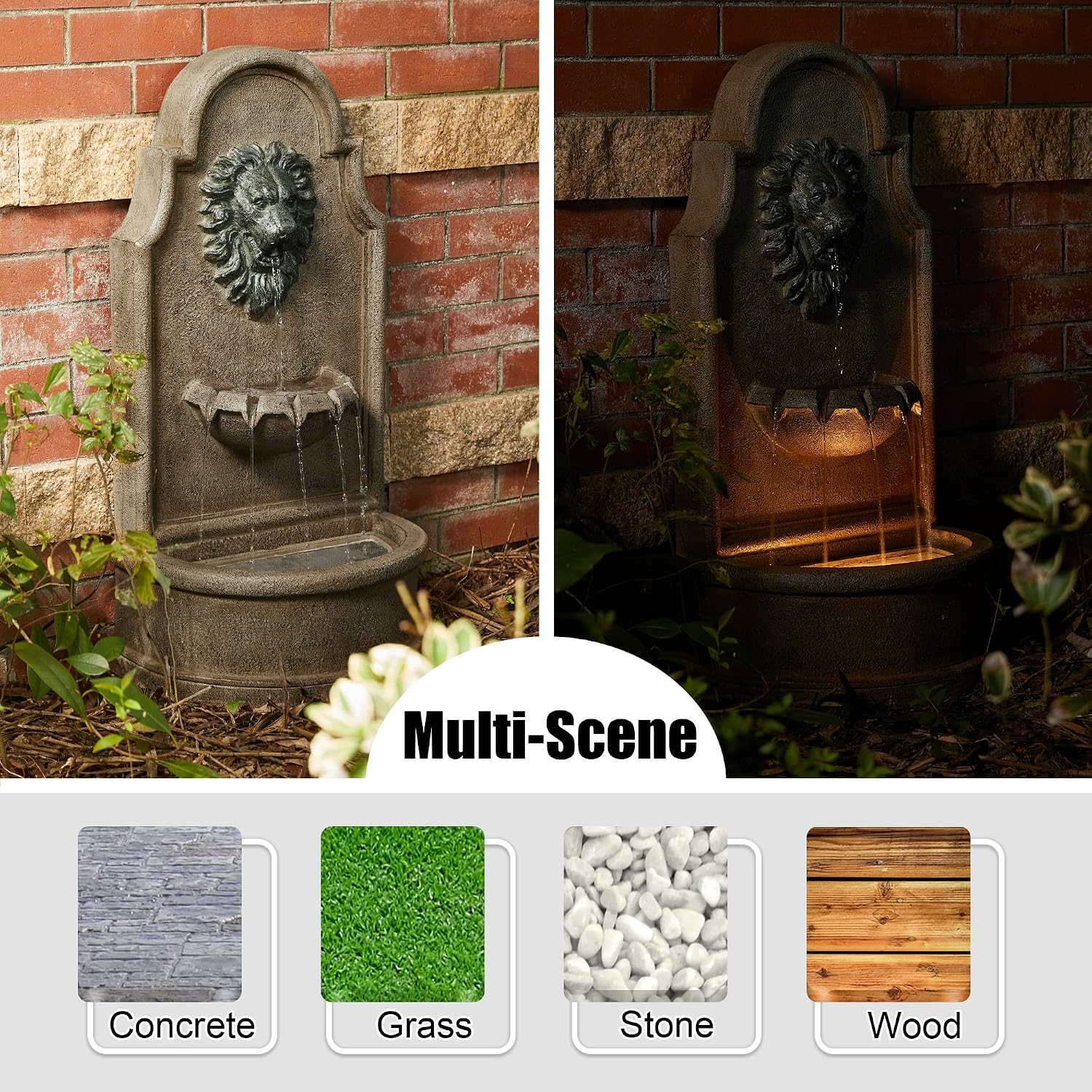 Glitzhome 3-Tier Outdoor Water Fountain with LED Light, Oversized Vintage European Style Lion Head Waterfall Fountains, Rustic Faux Granite Fountain for Garden Patio Deck Porch, 31.75'H