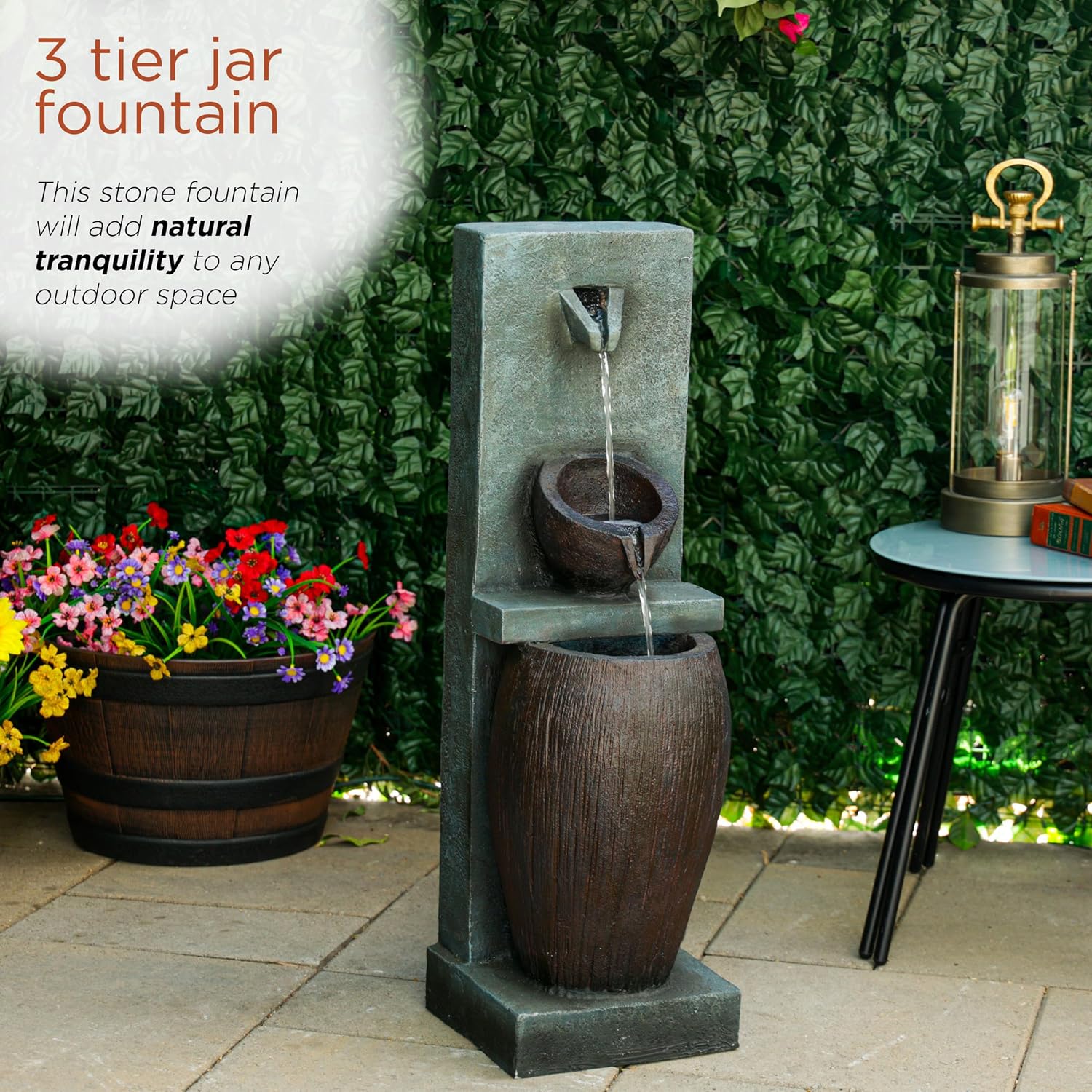Alpine Corporation TZL388 32' 3 Tier Jar Fountain with LED Lights, Elegant Outdoor Water Feature for Garden, Patio, Backyard, Home Décor, Ceramic Water Fountain & Landscape Decorations, Gray