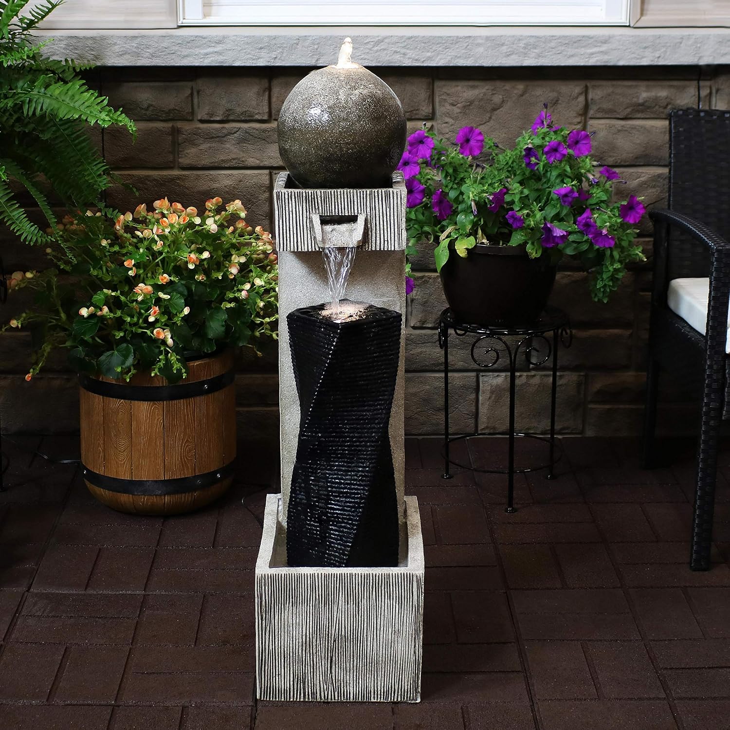 Sunnydaze Modern Artistry 35-Inch Outdoor Water Fountain - LED Lights - Electric Submersible Pump with Adjustable Flow