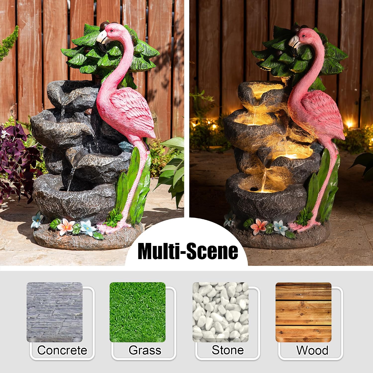Glitzhome Outdoor Water Fountain, 4-Tiered Flamingo Outdoor Fountain with Lights, 23.5' H Polyresin Decorative Waterfall Feature Garden Fountain with Pump for Garden, Patio, Yard, Deck, Porch Decor