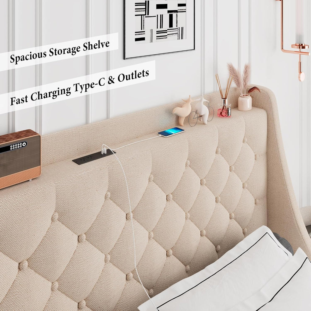 iPormis Queen Bed Frame with 4 Storage Drawers, Upholstered Platform Bed Frame with Type-C & USB Ports, Wingback Storage Headboard, Solid Wood Slats, No Box Spring Needed, Beige