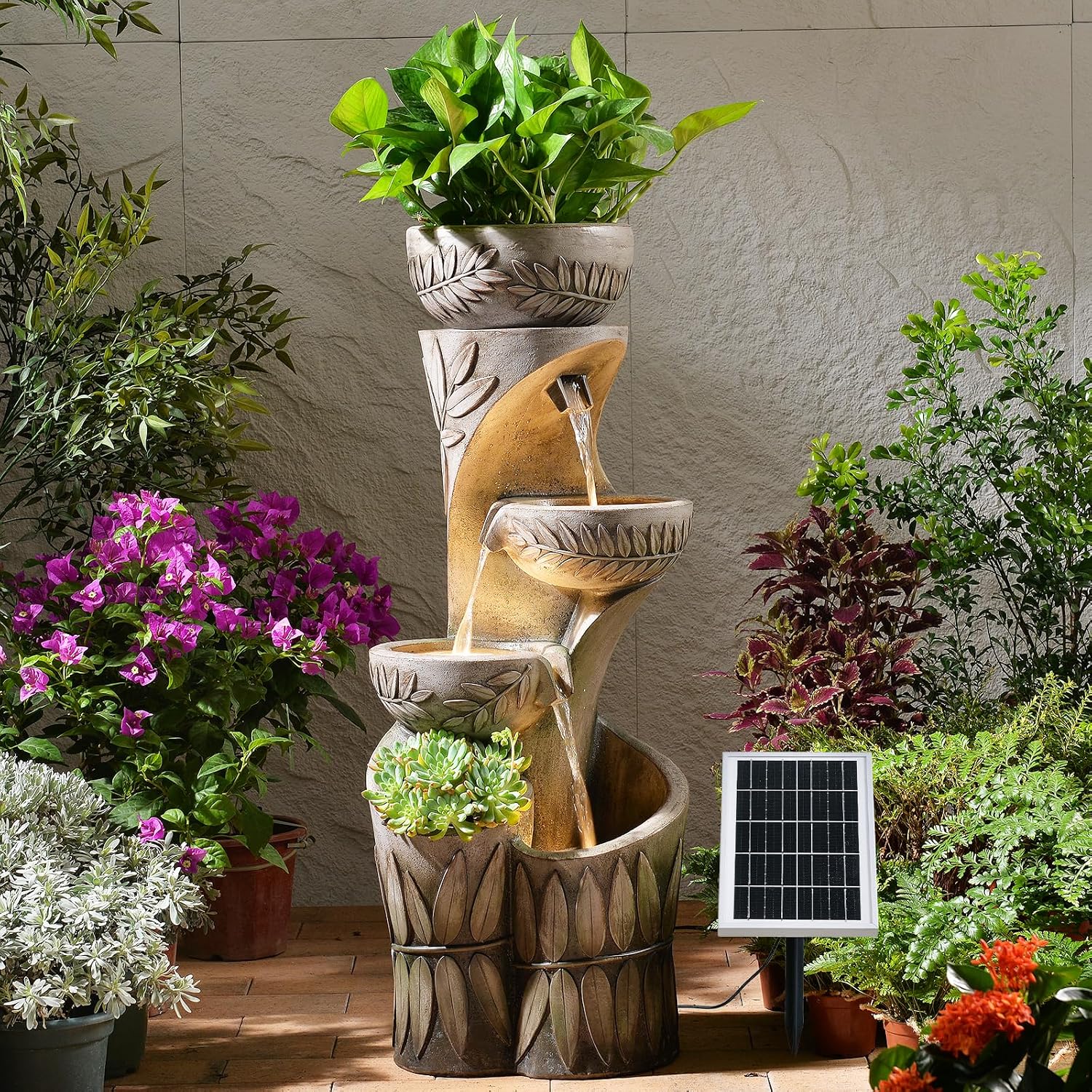 35.6' Solar Outdoor Water Fountain - Relief Leaf Design 4 Tiers Modern Cascading Bowls and Garden Fountains with Lights for Patio, Deck, Porch, Lawns, Backyard and Home Art Decor