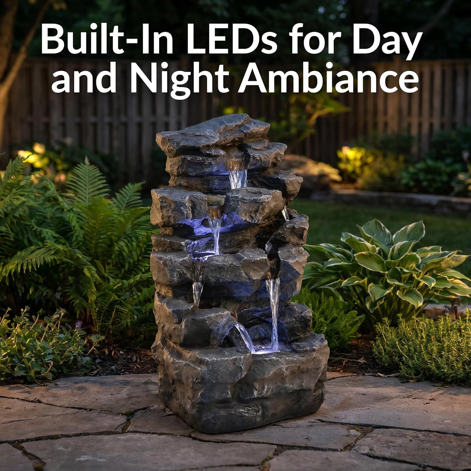 Sunnydaze 24-Inch Grotto Falls Polyresin Outdoor Water Fountain with LED Lights