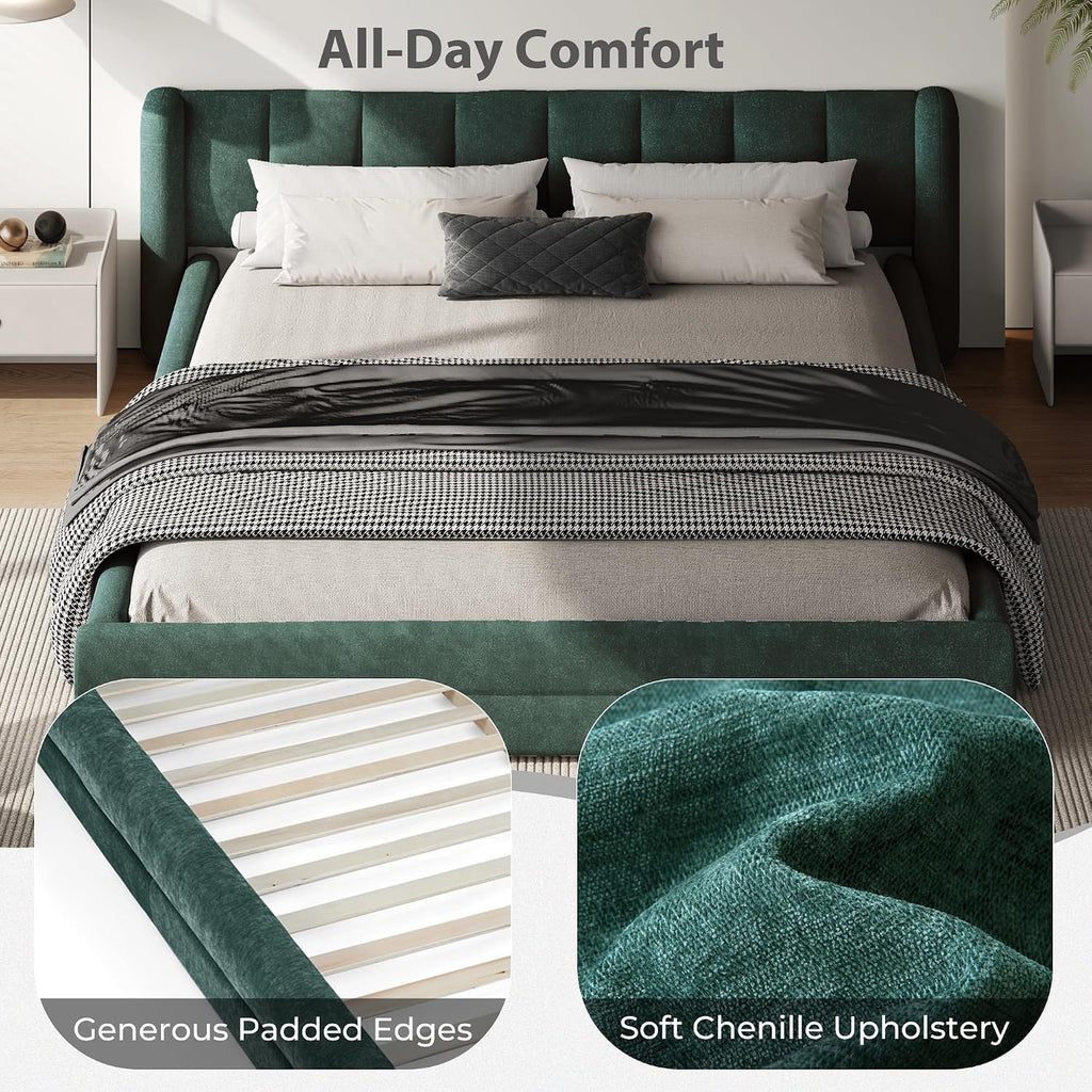 DEINPPA Queen Size Bed Frame with Cloud Soft Headboard, Chenille Upholstered Grounded Wood Base Bed Frame, No Box Spring Needed-Blue+Green