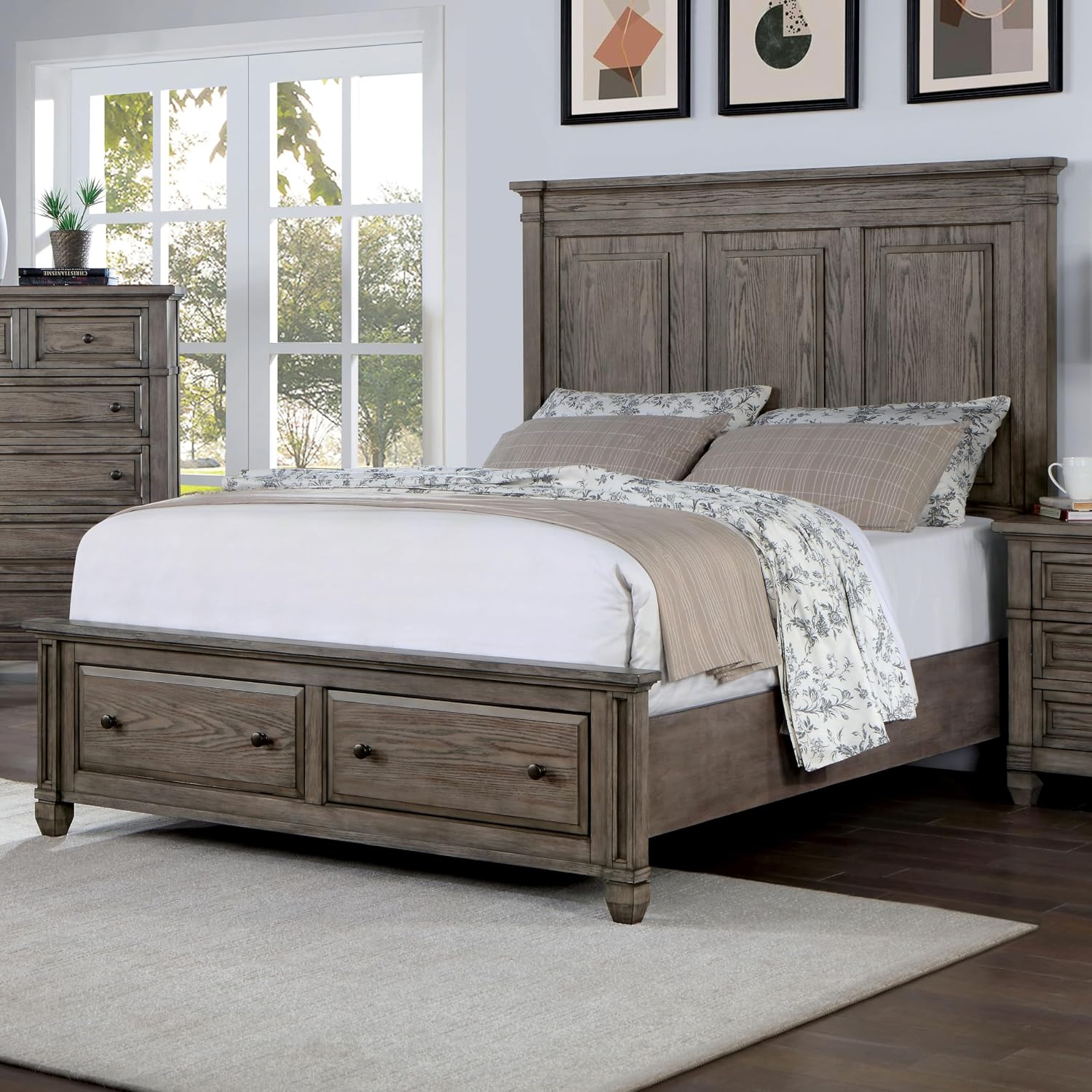 Furniture of America Xephyr Solid Wood 5-Piece Bedroom Set, Queen-Size Bed with Footboard Drawers, Felt-Lined Top & Ball-Bearing Glides, USB Port on Nightstand, Box Spring Required, Warm Gray