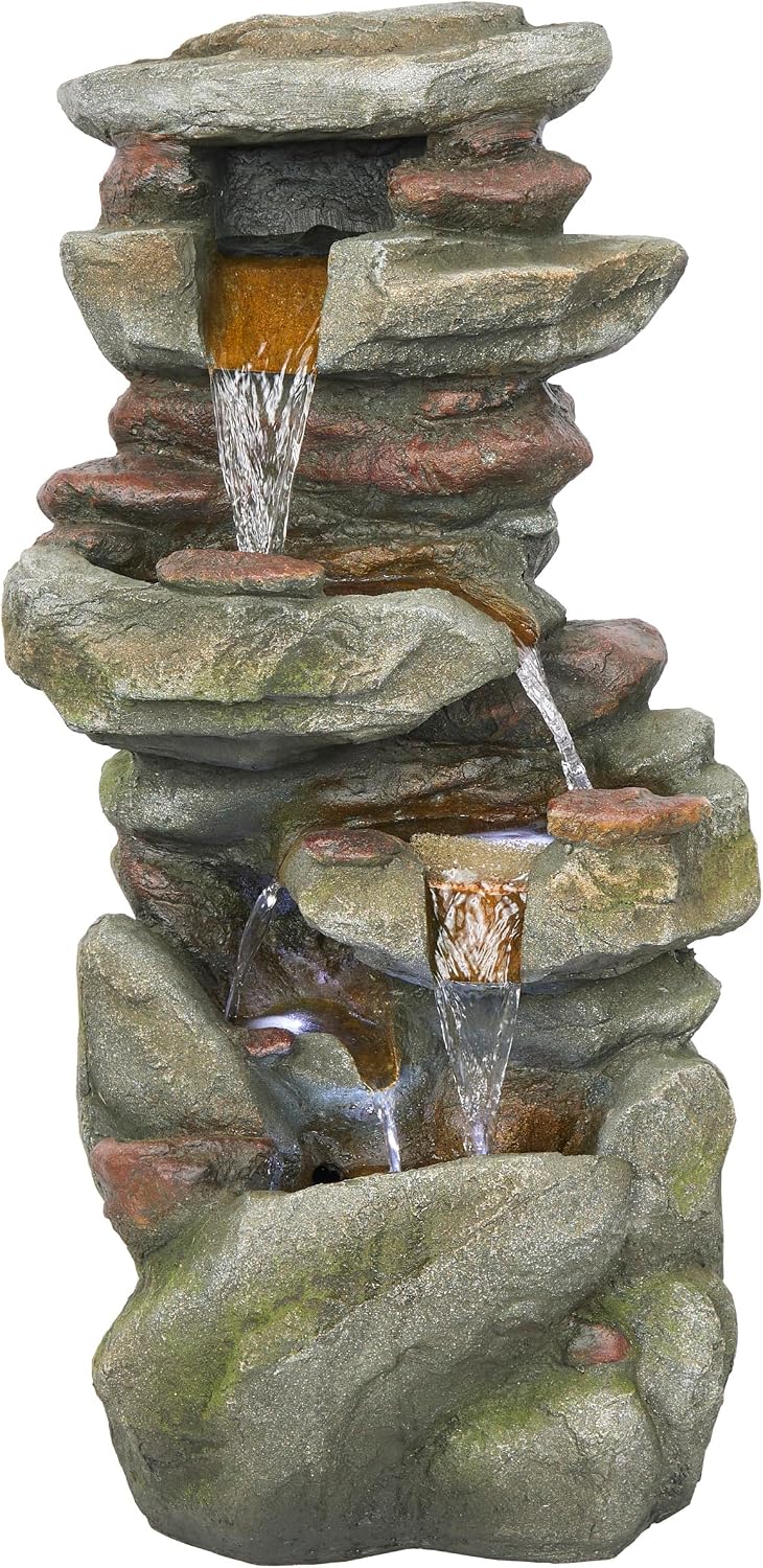 Alpine Corporation 31' Tall Outdoor 4-Tier Rock Floor Fountain, Cascading Waterfall with Cool White LED Lights, Gray