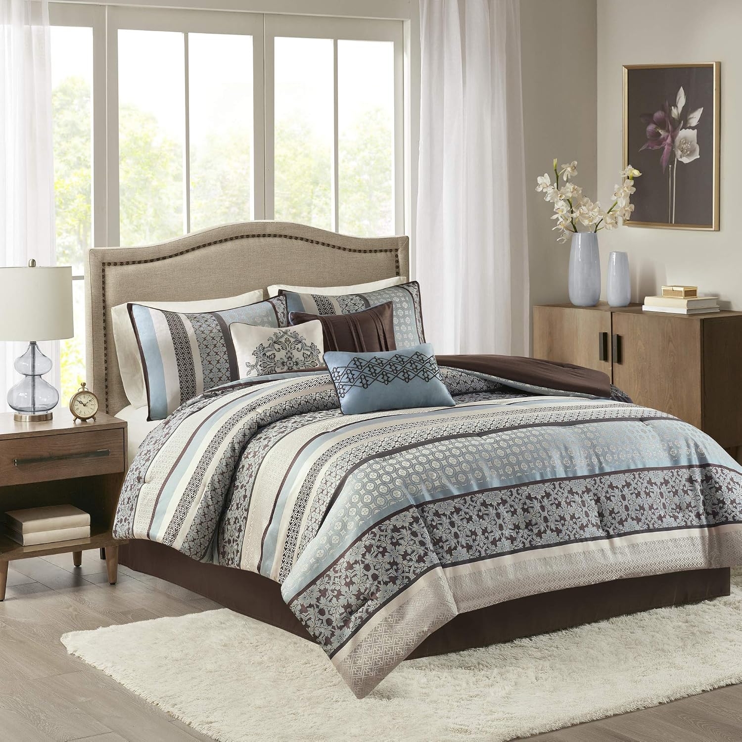 Madison Park Princeton Cozy Comforter Set - Luxurious Jaquard Traditional Damask Design, All Season Down Alternative Bedding with Matching Shams, Decorative Pillow, Cal King(104'x92'), Blue 7 Piece