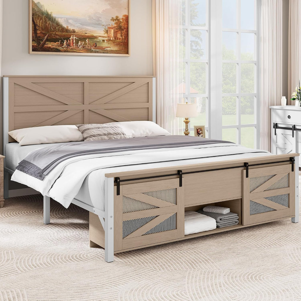YITAHOME Queen Size Farmhouse Bed Frame with Sliding Barn Door Storage Cabinets, Platform Bed Frame with 47.2' Headboard, Solid Metal Slats Support, Noiseless, No Box Spring Needed, Oak