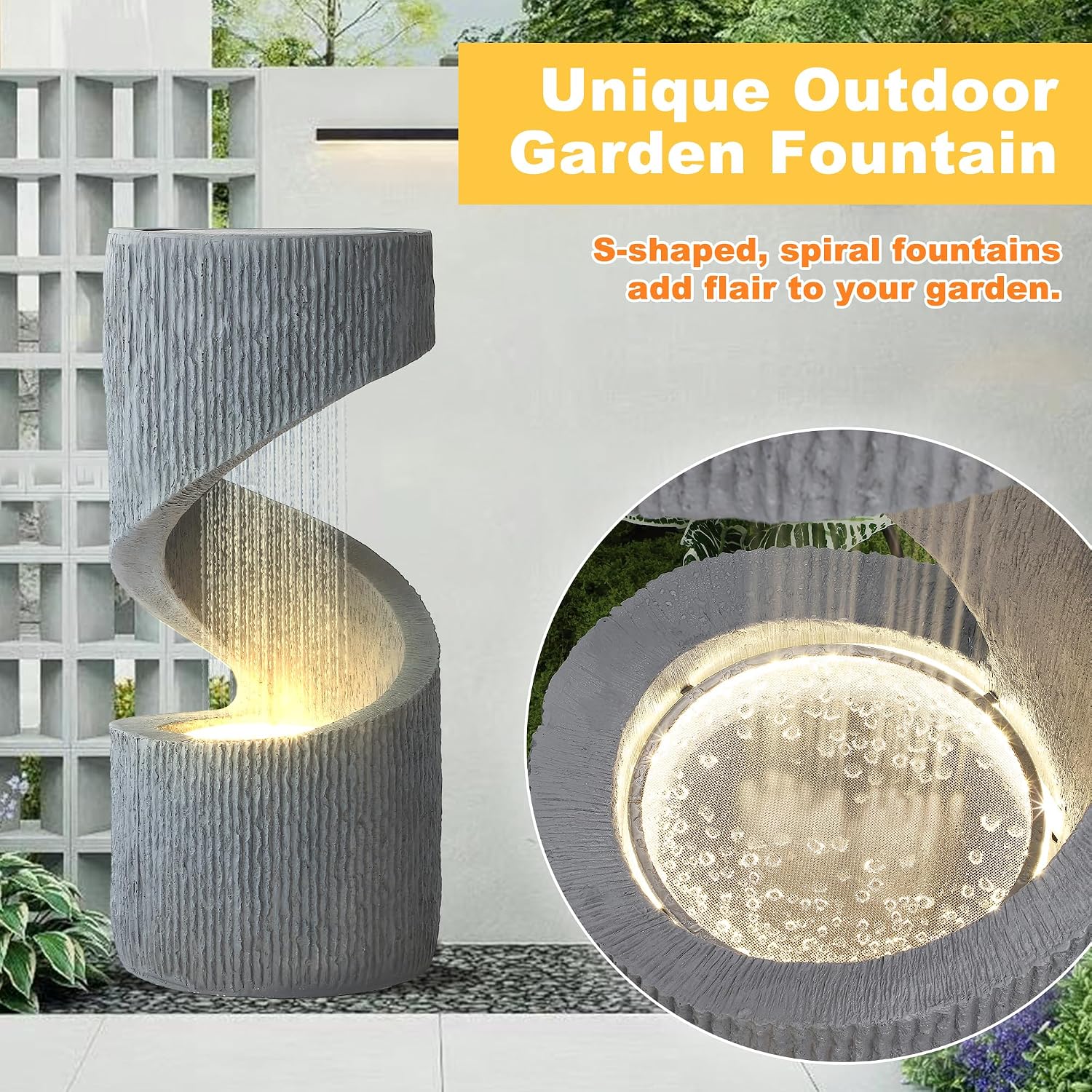 MAGIC UNION Outdoor S-Shaped Water Fountain, Spiral Waterfall Indoor Fountain Outside Garden Decor with LED Lights & Pump, Curved Patio Resin Fountains for Yard, Deck, Porch and Home Decorations