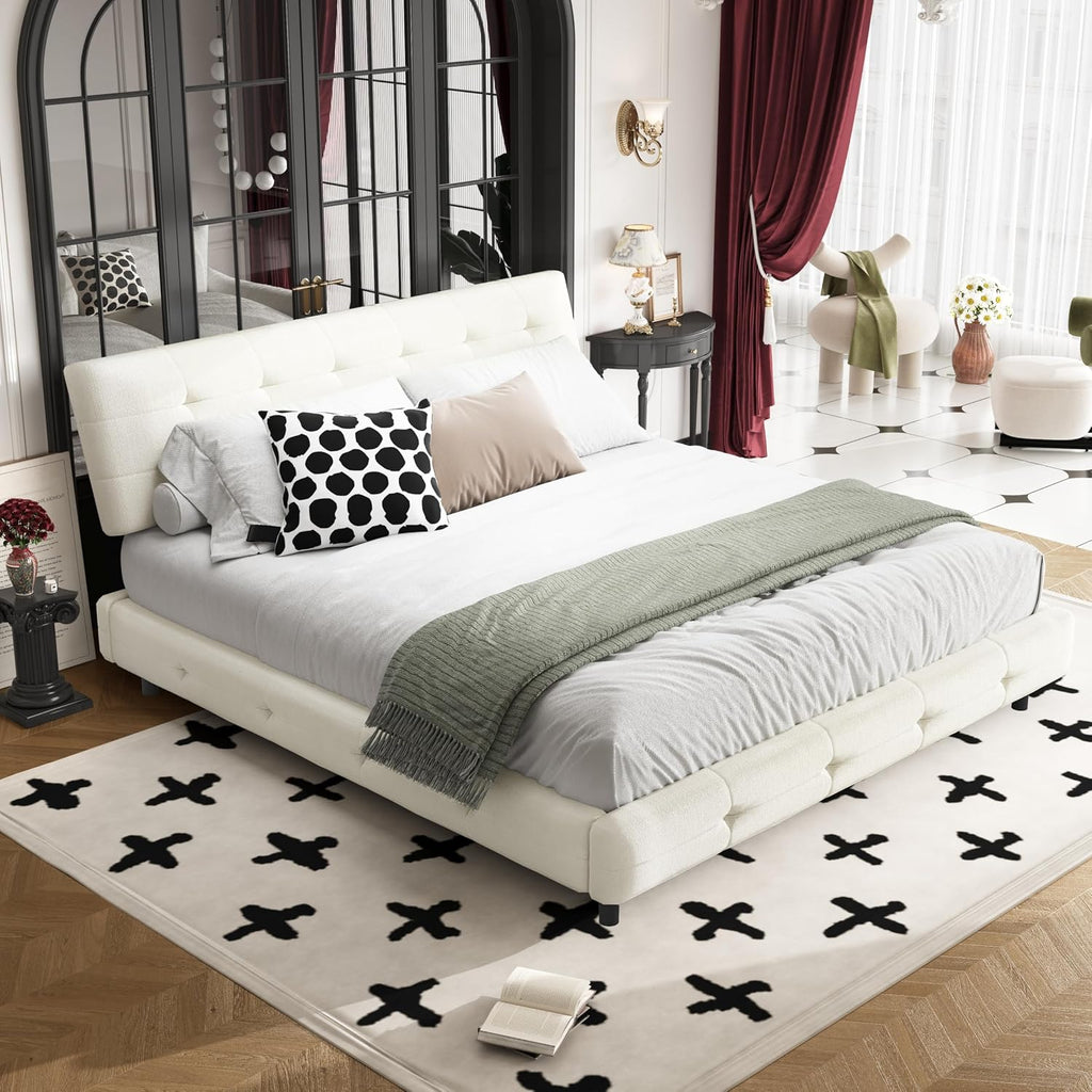 King Size Platform Bed Frame, Tufted Headboard with Extra-Large Ultra-Soft Cloud Pillow Design, Chenille Platform Bed with Metal and Wooden Slats Double Support, No Box Spring Needed (Beige-King,7)