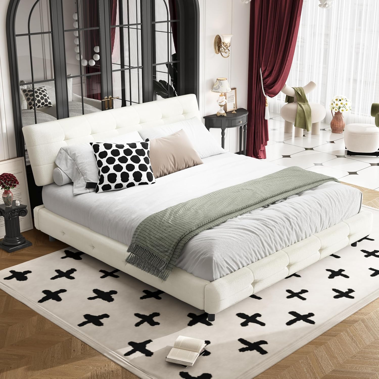 King Size Platform Bed Frame, Tufted Headboard with Extra-Large Ultra-Soft Cloud Pillow Design, Chenille Platform Bed with Metal and Wooden Slats Double Support, No Box Spring Needed (Beige-King,7)