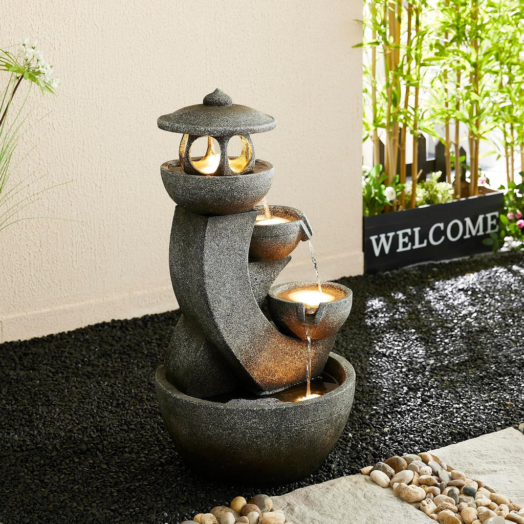 Glitzhome Pagoda Outdoor Water Fountain with LED Light, 4-Tier Oversized Cascading Stacked Stone Waterfall Fountains, Natural Stone Look Outdoor Fountain for Garden Patio Porch, 32'H