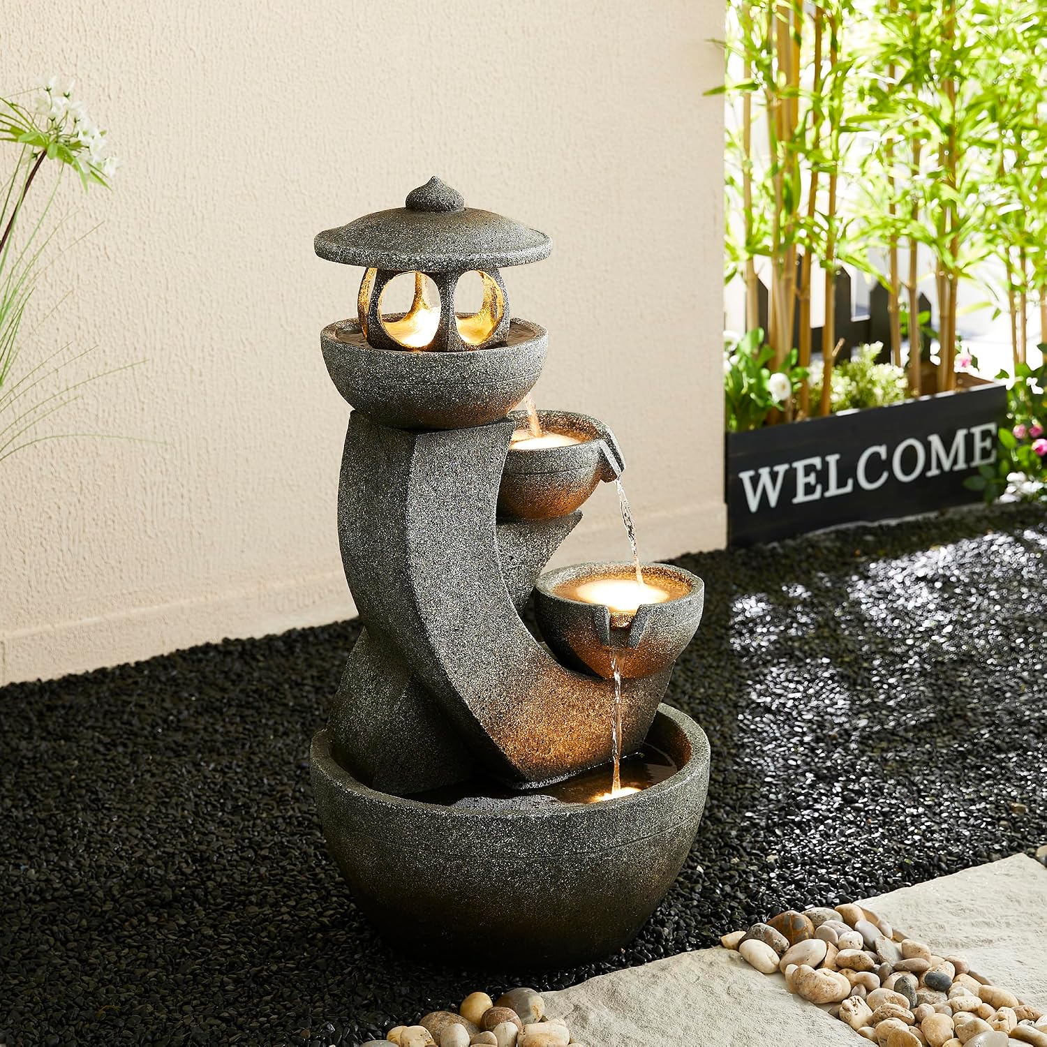 Glitzhome Pagoda Outdoor Water Fountain with LED Light, 4-Tier Oversized Cascading Stacked Stone Waterfall Fountains, Natural Stone Look Outdoor Fountain for Garden Patio Porch, 32'H