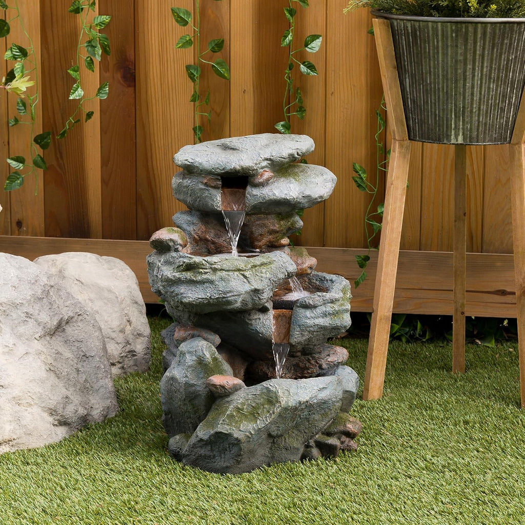 Alpine Corporation 22' Tall 3-Tier Outdoor Rock Waterfall Fountain with LED Lights, Natural Stone Look for Garden, Patio, Yard & Porch Decor, Gray