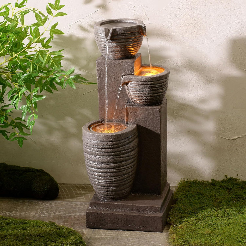 Teamson Home Horizontal Ribbed Pattern Outdoor Water Fountain–Warm Glow Lighting with Adjustable Flow & Electric Pump, Warm Gray