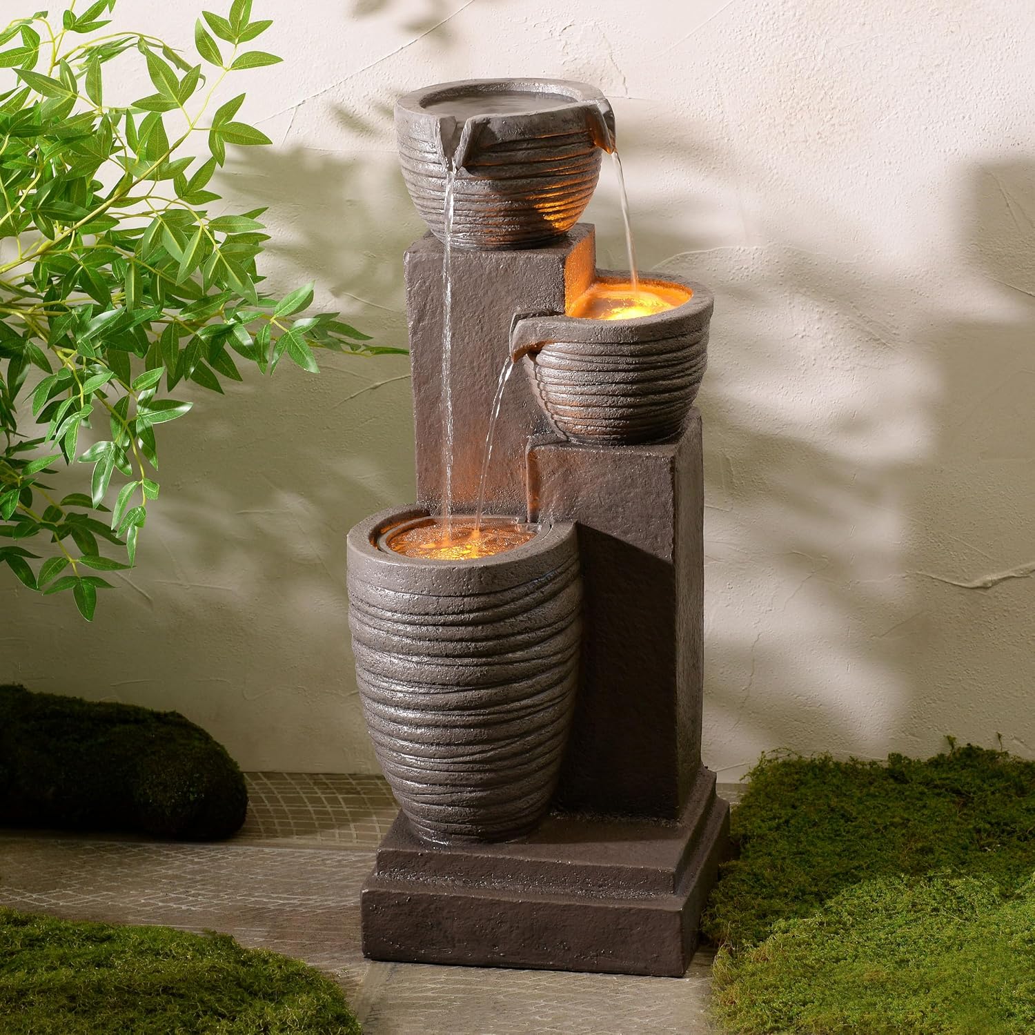 Teamson Home Horizontal Ribbed Pattern Outdoor Water Fountain–Warm Glow Lighting with Adjustable Flow & Electric Pump, Warm Gray