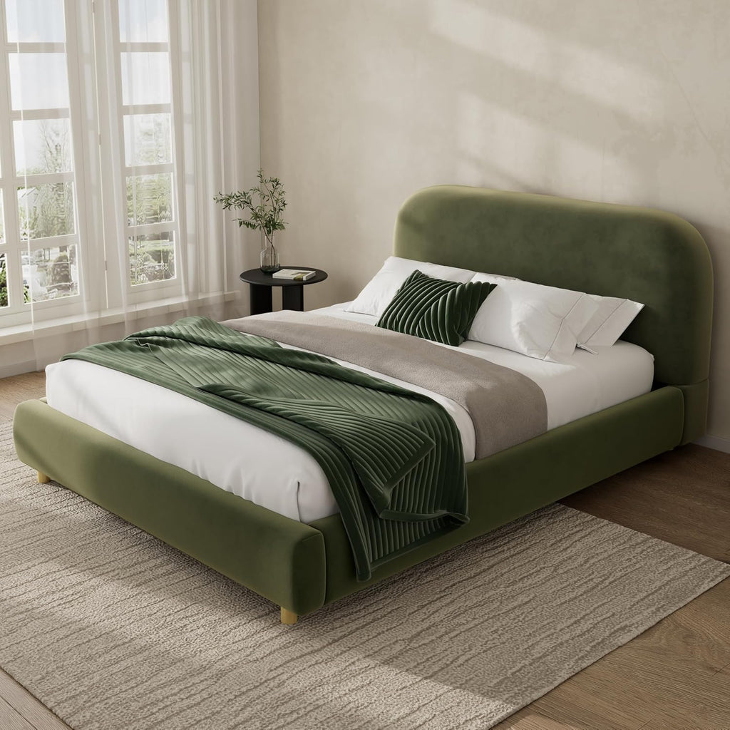 Queen Size Platform Bed with Curve-Shaped Design Headboard, Velvet Fabric Upholstered Platform Bed with Strong Support, Modern Bed Frame, No Box Spring Needed, Easy Assembly (Olive Green,Queen,8)