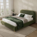 Queen Size Platform Bed with Curve-Shaped Design Headboard, Velvet Fabric Upholstered Platform Bed with Strong Support, Modern Bed Frame, No Box Spring Needed, Easy Assembly (Olive Green,Queen,8)
