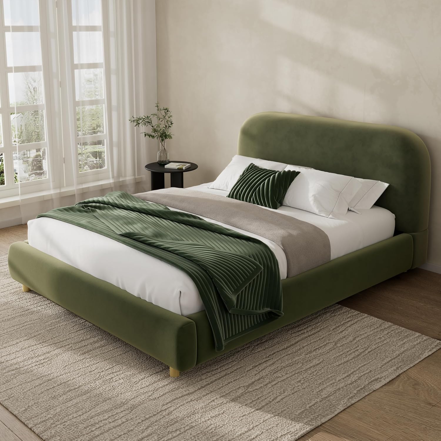 Queen Size Platform Bed with Curve-Shaped Design Headboard, Velvet Fabric Upholstered Platform Bed with Strong Support, Modern Bed Frame, No Box Spring Needed, Easy Assembly (Olive Green,Queen,8)