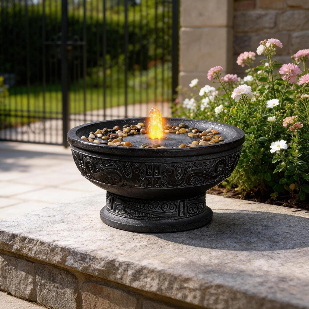 GOSSI Outdoor Water Fountain with Led Light Decorative Pedestal Bowl Design with River Stones Home Decoration, Modern Garden Fountain for Patio Decor
